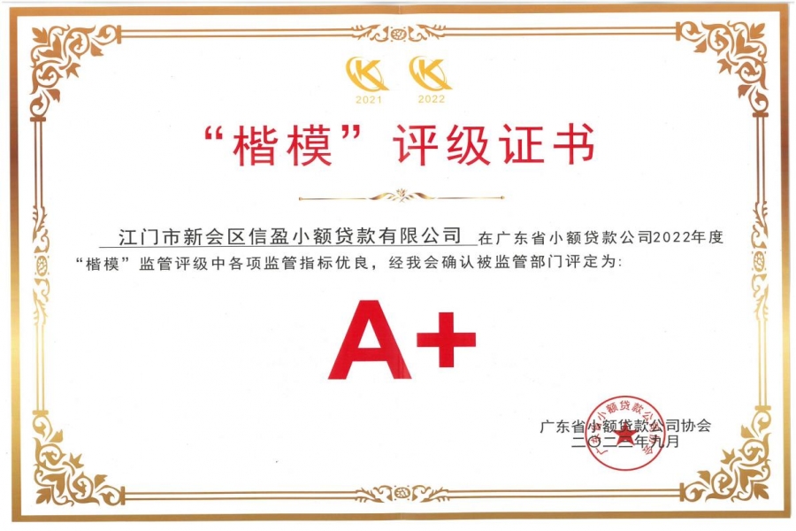 熱烈祝賀信盈小額貸款公司被廣東省地方金融監(jiān)督管理局評(píng)為A+“楷?！毙≠J公司，成為江門市唯一連續(xù)2年A+級(jí)標(biāo)桿企業(yè)！